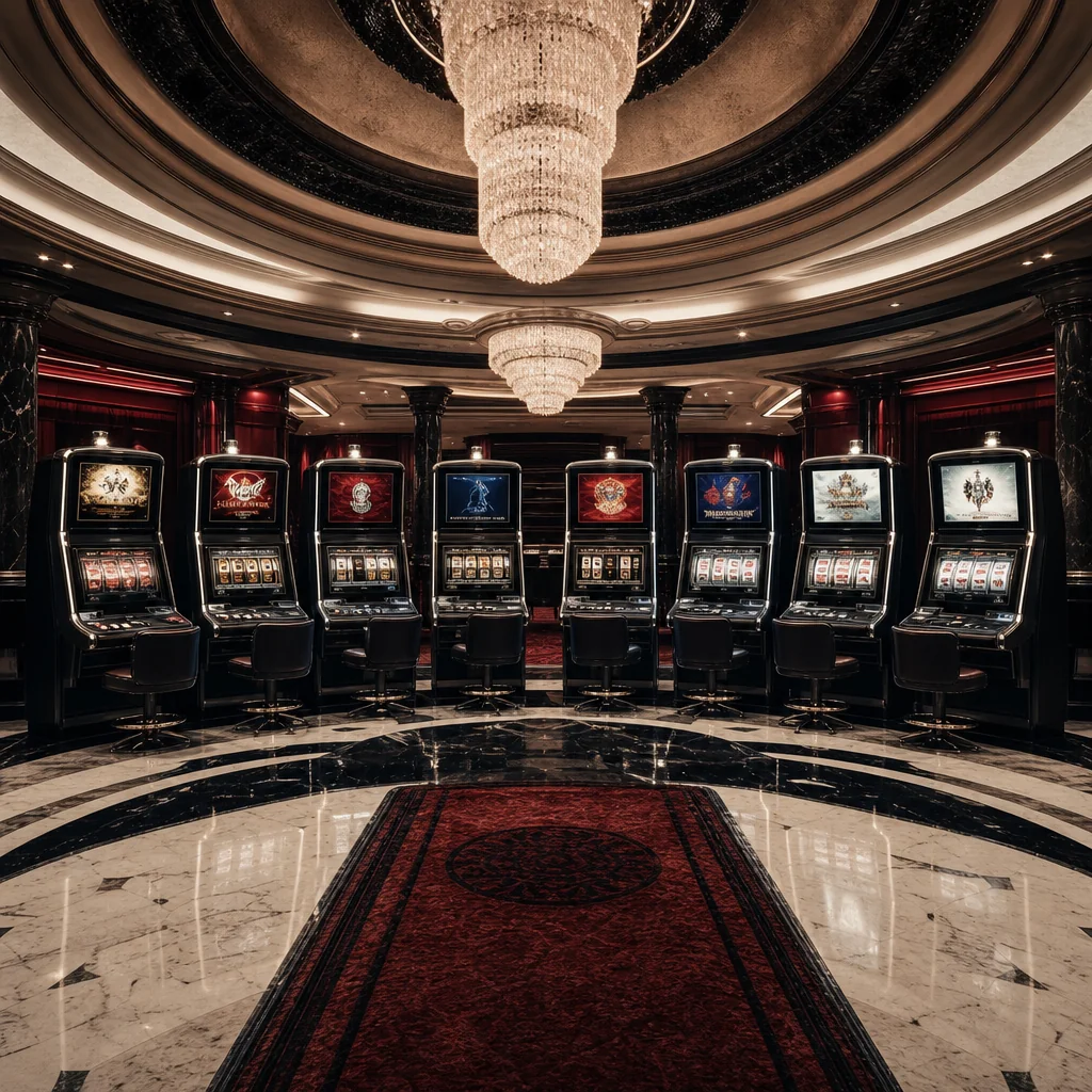 Premium slot machines lit in oxblood and ivory