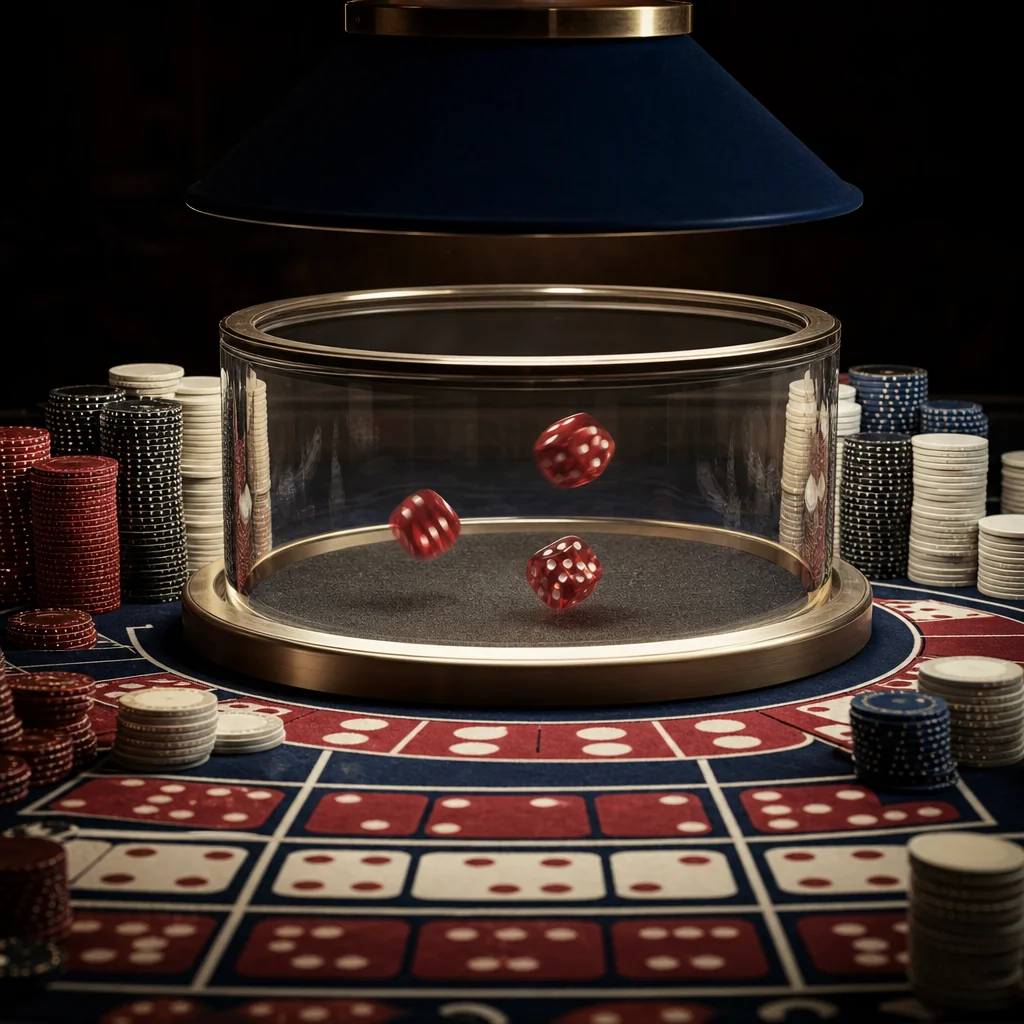 Dice mid-roll on the live craps table